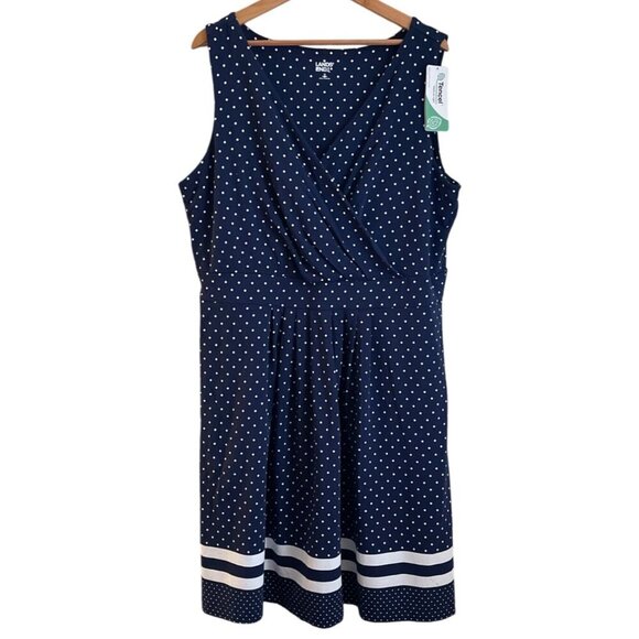 Lands End Women Sleeveless Dress Size 1X Navy Polka Dot Nautical Coastal Retro - Picture 1 of 13